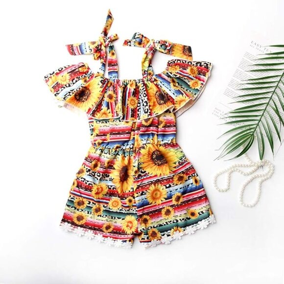 Toddler Baby Girl Sunflower Outfit Off Shoulder Ruffle Romper Jumpsuit - Picture 3 of 6